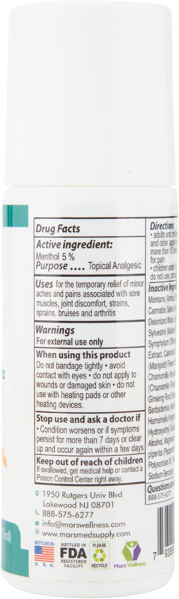 MARS WELLNESS MG+ Cooling Roll on Pain Relief (3 oz) – Fast Acting Arnica Roll on 5% Menthol Magnesium & Arnica – Penetrating Menthol Pain Relief Roll On Topical Pain Relief - 5 Pack
