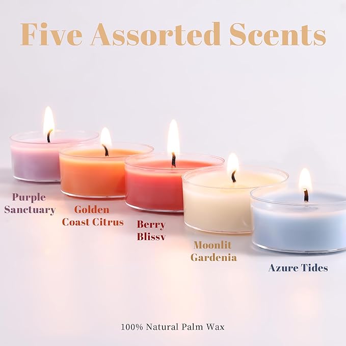 DEVI Assorted Scented Tea Lights Candles 10 Pack, 3.5-4 Hours Natural Palm Tea Candles Bulk for Home Scented, Highly Scented Small Votives with Essential Oils for Home Aromatherapy, Baby Shower Favors