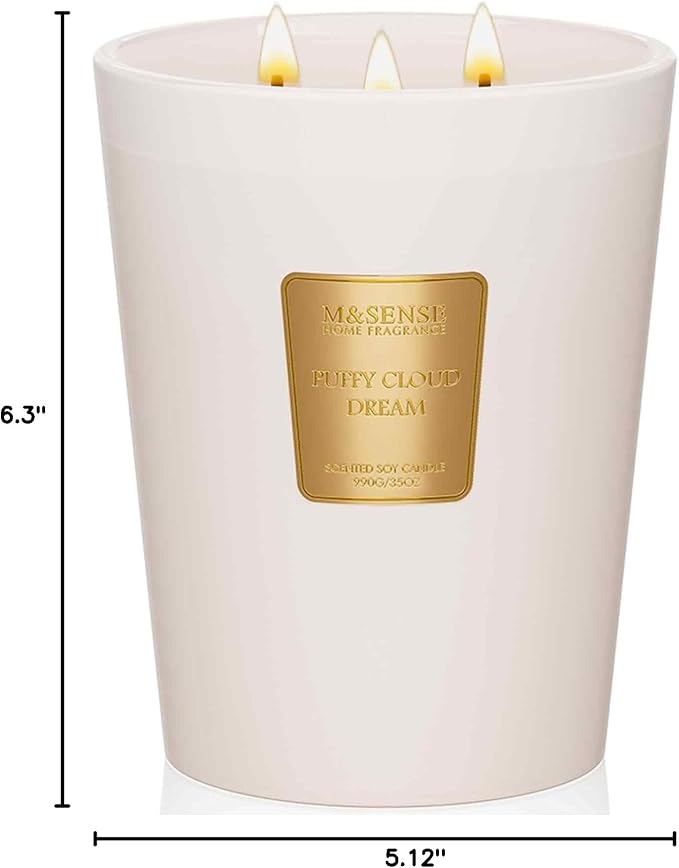 M&SENSE Puffy Cloud Dream Soy Candle, 35oz 3 Wick 150H Long Lasting, Large Aromatherapy Candles Soft Nursery & Bedroom Calm, Housewarming Gifts