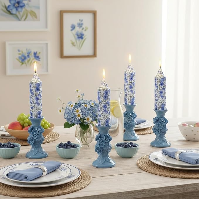 5 inch Short Blue Candle Floral Candle Sticks Printed Candlestick Handmade Unscented Taper Candle 4 Pack Flower Tapered Candles for Blue Home Dinner Wedding Holiday