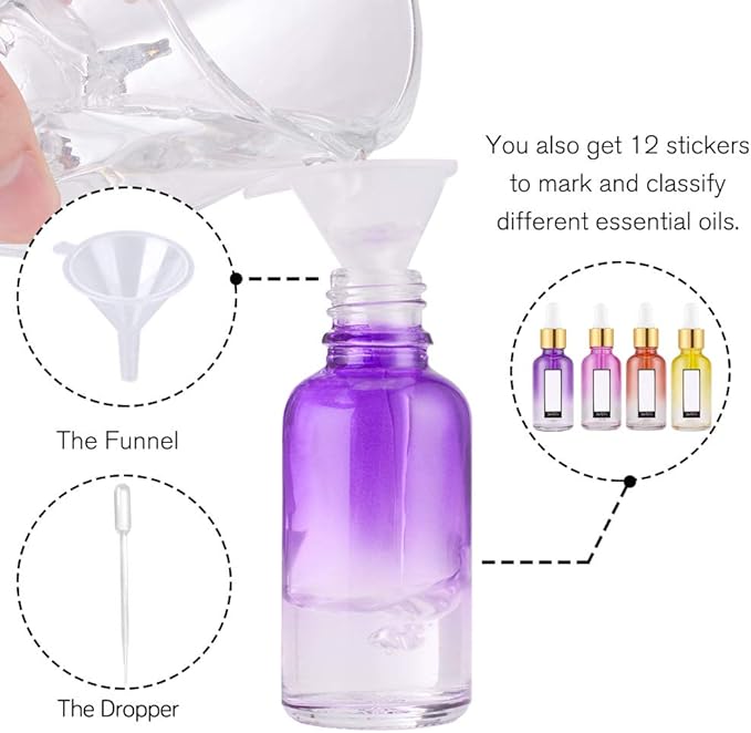 PrettyCare 4 Pack 1oz Dropper Bottle for Essential Oils, 30 ml Rainbow Glass Leak Proof Essential Oils Bottles with Labels, Funnel & Pipettes- Empty Tincture Bottles for Personal Care & Beauty