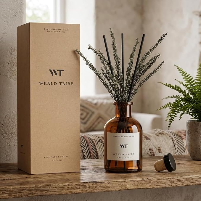 WEALD TRIBE Reed Diffuser Set for Bathroom Air Fresheners, Oil Diffuser Sticks with Flower | Balsam Fir Scent 4.0 fl oz Home Fragrance with Sticks Defusers | House Bedroom Office Shelf Decor
