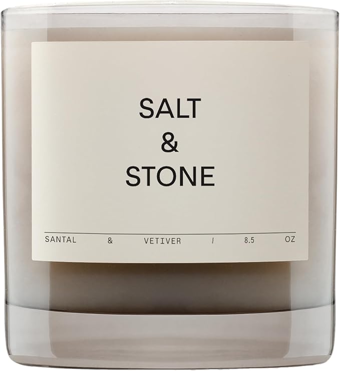 Salt & Stone Scented Candle for Women & Men | Coconut & Soy Blend Wax | Hand-Poured, Aromatic & Fragrant | 100% Cotton Wick | Long-Lasting 50 Hour Burn Time | Santal & Vetiver 8.5 oz