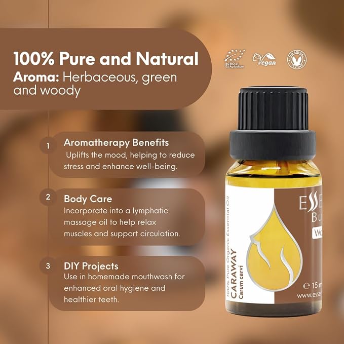 Essences Bulgaria Organic Caraway Essential Oil 0.51 Fl Oz 15ml Carum carvi 100% Pure and Natural Undiluted Therapeutic Grade Aromatherapy Diffuser Oil Muscle Relaxing Massage Oil Candle Making