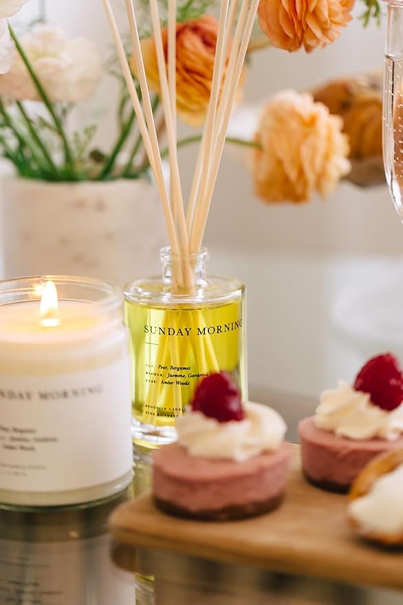 Brooklyn Candle Studio Reed Scent Diffuser - Sunday Morning - Relaxing Oil Diffuser, Pear, Jasmine & Amber Fragrance, 8 Rattan Diffuser Reeds, Clean Ingredients - 3.7oz