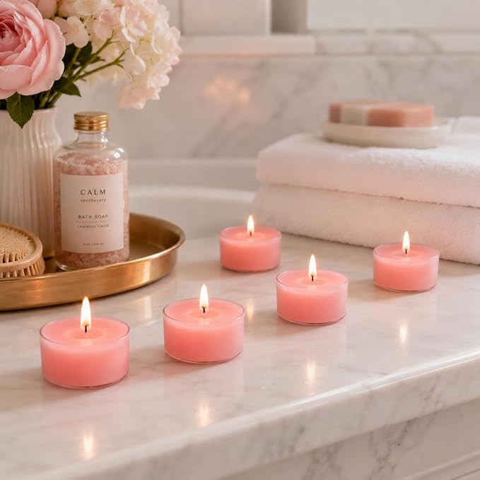 Dusty Pink Tea Lights Set of 24, Rose Scented Tealight Candles, Handmade Tea Candles, Long Burning Tealights for Romantic Wedding Home Decor Gift