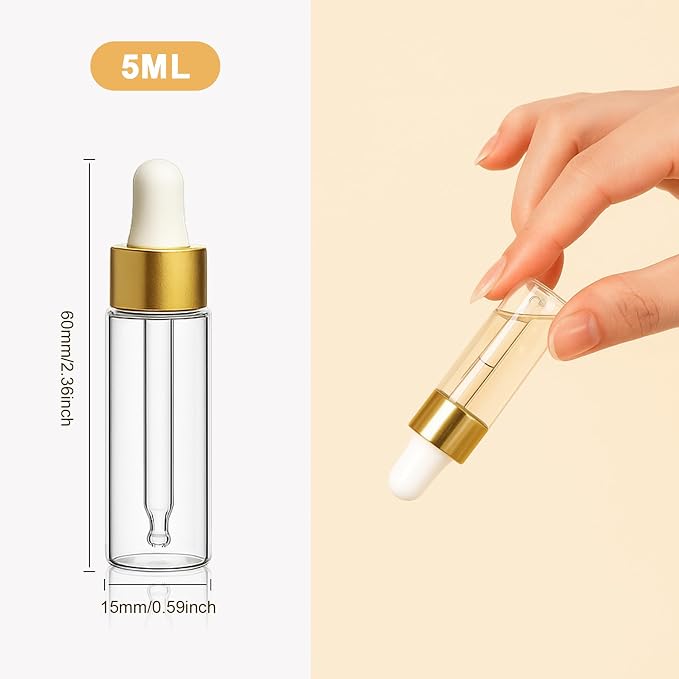 10pcs Mini Glass Dropper Bottle for Essential Oil,1ml Small Clear Sample Dropper Vails with Gold Cap,Perfume Cosmetic Liquid Containers for Traveling (5ml, 10)