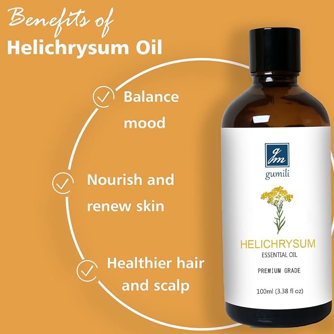 GM Gumili Helichrysum Essential Oil, 100% Pure Helichrysum Oil for Skin, Bruising, Body, Spray & DIY- 100ml