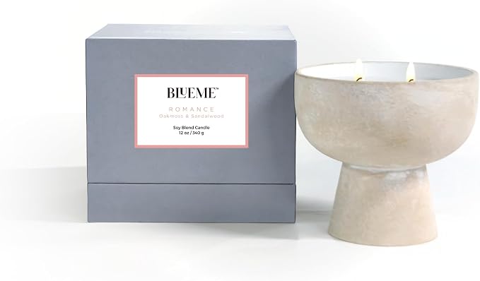 Blueme Romance Candle | Oakmoss & Sandalwood | 2 Wick - Refillable Wellness Candle with Essential Oils, Hand Finished & Poured Soy Wax Blend Ceramic Vessel, Natural Cotton Wicks | Medium 12 oz