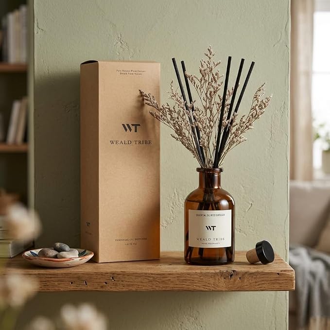 WEALD TRIBE Flower Reed Diffuser Set Vanilla Cinnamon Scent for Bathroom Air Fresheners | 4.0 fl oz Essential Oils with Sticks Home Fragrance Defusers | House Bedroom Office Shelf Decor & Gift