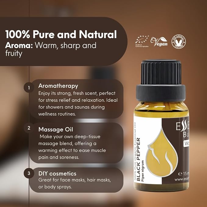Essences Bulgaria Organic Black Pepper Essential Oil 0.51 Fl Oz | 15ml Piper nigrum - 100% Pure Natural Undiluted Therapeutic Grade for Aromatherapy Humidifier and Relaxing Massage to Ease Joint Ache