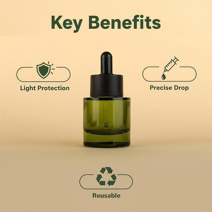 Happyupcity 2Pcs 30ml/1 oz Glass Dropper Bottles with Black Eye Droppers Lid Empty Refillable Essential Oil Bottles Travel Perfume Sample Vials Essence Liquid Cosmetic Containers