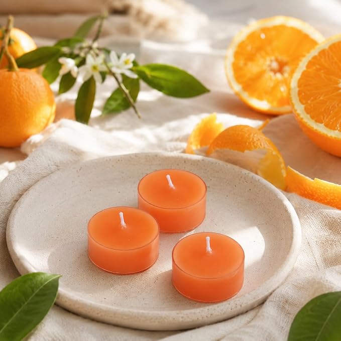 Citrus Scented Tealight Candles, Orange Scent Tea Lights Candles Clear Cup, 24 Pack Colored Tealights Candle, 6 Hour Burn Time Tea Candles for Party, Decor, Spa, Shabbat