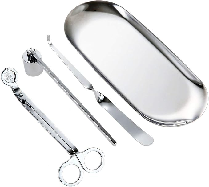 MUXSAM 4 in 1 Candle Accessory Set - Candle Wick Snuffer, Candle Wick Trimmer, Candle Wick Dipper, Storage Tray Plate, Candle Care Tools Kit Gifts for Scented Candle Aromatherapy Lovers - Silver