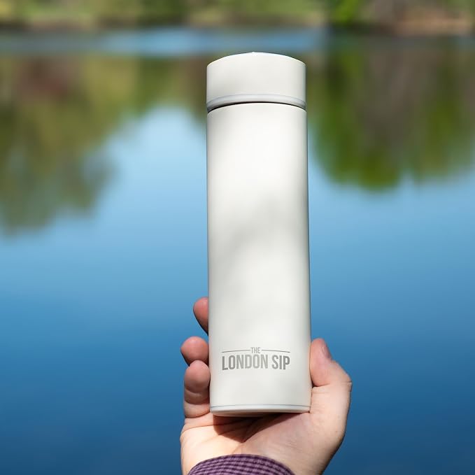 The London Sip 16.9 oz Multi-Purpose Tea Infuser Mug – Fruit Infuser Water Bottle for Hot and Cold – Double Wall Stainless Steel Insulated, Pearl White