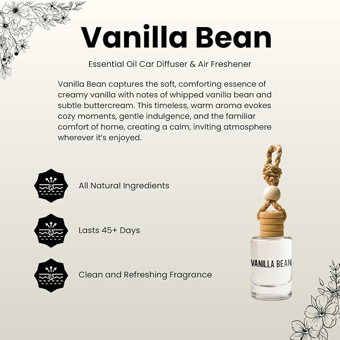 Vanilla Bean Hanging Car Air Freshener – Long Lasting Essential Oil Diffuser for Car, Closet, Bathroom – 2-Pack Natural Scent Deodorizer for Men and Women