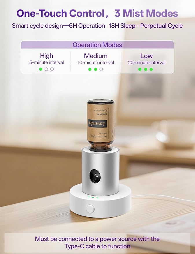 Mini Waterless Nebulizing Essential Oil Diffuser with 10ml Lavender Oil for Aromatherapy, Small Portable with Air Mist and Scent for Home, Room, House, Desk, Office, Travel - Silver