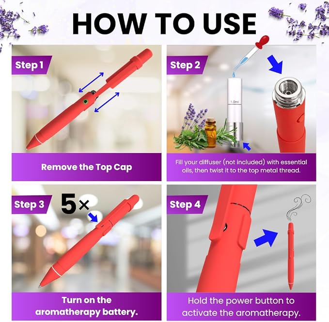 Aromatherapy Writing Pen Battery with Real Ink Tip and Hidden Diffuser Port, Soft Touch Ballpoint for Note Taking, Signature, and On-The-Go Relaxation, Rechargeable Wellness Gift for Office (Red)