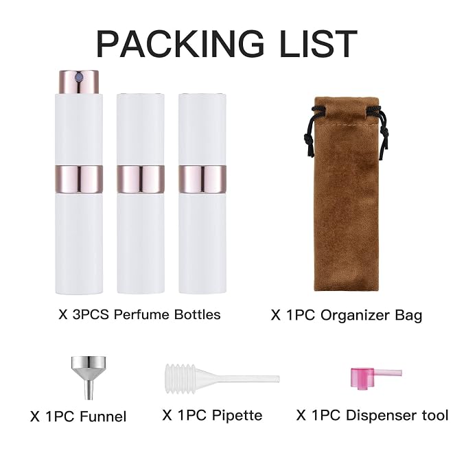 LISAPACK 8ML Atomizer Perfume Spray Bottle for Travel (3 PCS) Empty Cologne Dispenser, Portable Sprayer (White)