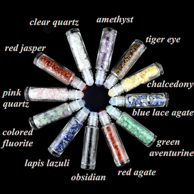 5 Pack 10ml Clear Roll On Bottles With Natural Chakra Crystal Chips for Essential Oils,Perfume Glass Roller Bottles Container Bamboo Lid,Crystal Roller,Pipette&Opener Included (Fluorite)