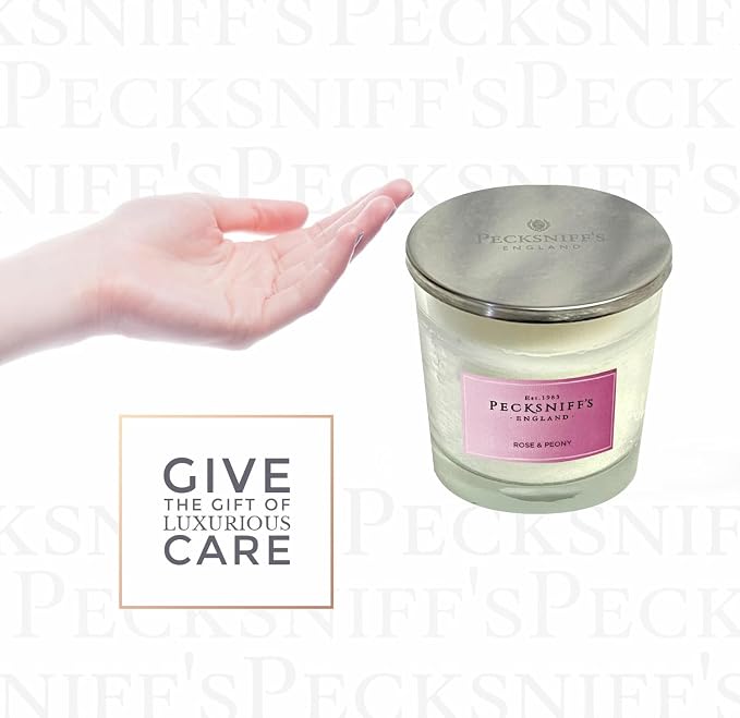Pecksniffs White Scented Candle | Rose & Peony Fragrance Candles for Home Scented | Elegant Glass Vessel with Metal Lid | 3 Wicks Luxury Candles, 550g/19.4oz