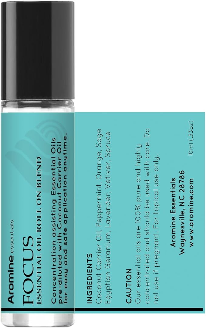 Focus Essential Oil Roll On, Pre-Diluted 10ml (1/3 fl oz), Great Studying Essentials