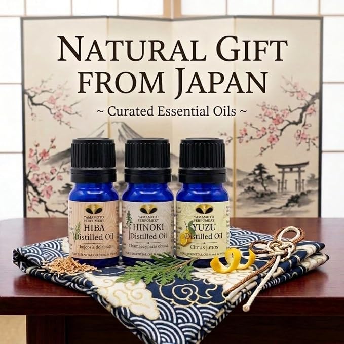 Premium Japanese Essential Oil Set - 100% Pure Hinoki & Yuzu & Hiba Oils for Diffuser & Aromatherapy - Steam Distilled, Produced in Japan - 3 Pack (5ml Each)