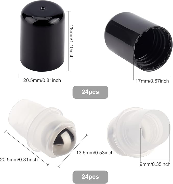 BENECREAT 24Sets Essential Oil Roller Inserts Kit, Stainless Steel Roller Balls and Black Bottle Cap for 5~15ml Essential Oils, Cosmetics Bottle, 9mm inner diameter
