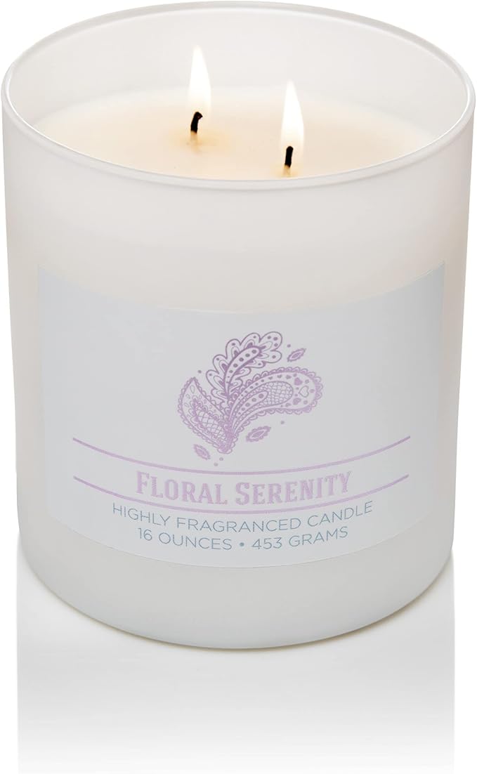 Carolina Floral Serenity Scented Candle, 16 oz Wellness Relaxing Aromatherapy Candle, 2 Wick White Jar Soy Blend Wax, Candles for Home, 60H Burn - Made in The USA