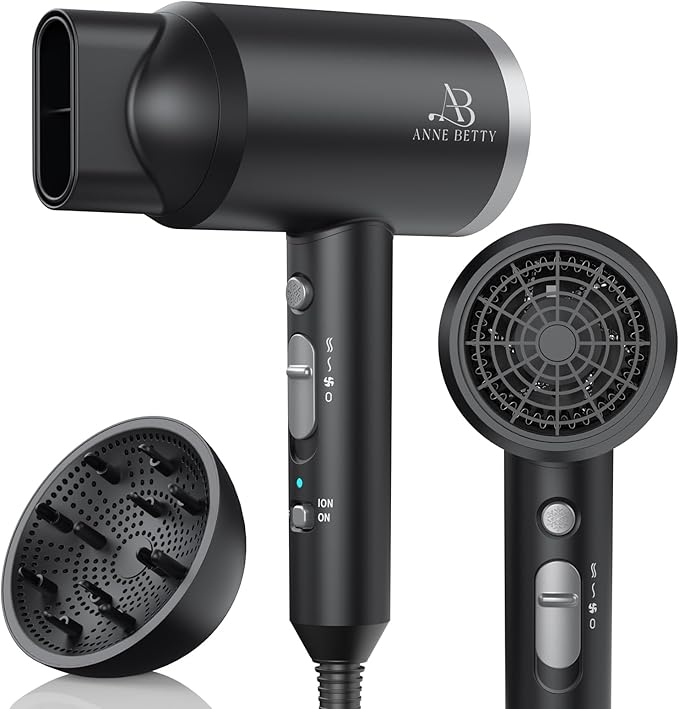 ANNE BETTY Ionic Hair Dryer with Diffuser, 1800W Blow Dryer for Women & Men, Fast-Drying, Lightweight, Low Noise, Hair Care Styling Tool for Home, Travel, Gifting