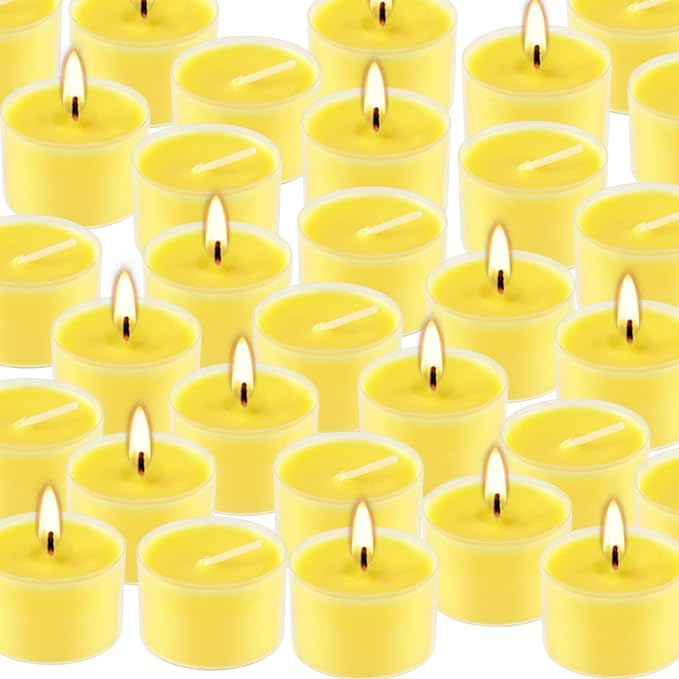 50 Pack Clear Tea Lights Candles Bulk, Summer Citronella Candle Outdoor and Indoor, for Birthday Emergency Home Garden(8 Hour, Yellow)