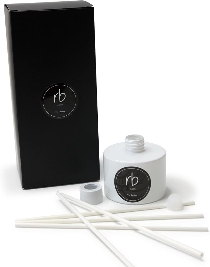 rosbas Pomegranate Cider Reed Diffuser Set - White Glass Bottle - 6 fl oz with Elegant Gift Box - High Performance Fiber Reeds - Handcrafted in USA