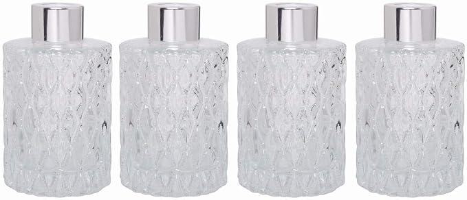 Hosley Set of 4 Mid Century Modern Glass Diffuser Bottles 4 Inch High. Ideal for Use with Essential Oils Replacement Diffusers Reed Sticks Diy Crafts O3 Silver