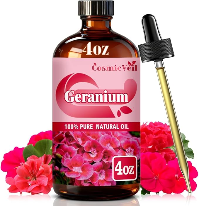 Geranium Essential Oil Geranium Oil for Aroma Diffuser,Humidifier,Home Fragrance,Cleaning,Body Care,Massage,Yoga,DIY Candle,DIY Soap CosmicVeil（Geranium，4 Fl Oz (Pack of 1)）
