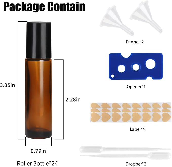 24-Pack 10ml Amber Glass Roll-On Bottles with Stainless Steel Rollers, Refillable Roll-On Applicators for Essential Oils, Castor Oil, Aromatherapy, and Empty Deodorant Containers
