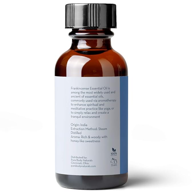 Pure Body Naturals Frankincense Essential Oil, 1 fl oz - Pure and Undiluted Therapeutic Grade - for Diffuser and Skin, Meditation and Yoga - Includes Glass Dropper