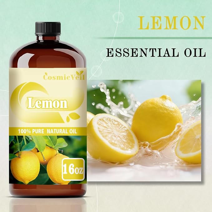 Lemon Essential Oil Lemon Oil for Aroma Diffuser,Humidifier,Home Fragrance,Cleaning,Body Care,Massage,Yoga,DIY Candle,DIY Soap CosmicVeil（Lemon，16 Fl Oz (Pack of 1)）