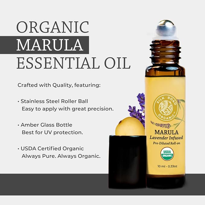 Silk Road Organic Marula Oil & Lavender Essential Oil Roll On, USDA Certified - Deep Hydration for Skin, Nails, Hair, Feet - 10 ml Aromatherapy Roller