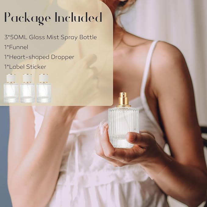 1 Pack Empty Perfume Spray Bottles, 50ML Ribbed Glass Atomizer Spray Bottle for Men and Women, Travel Refillable Perfume Atomizer for Sample Dispenser and Home Decor, White Cap