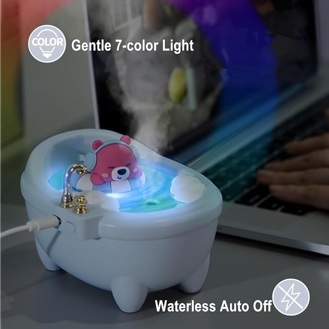Small Mini Humidifier,Top Fill 340ml Portable Desktop Humidifier Diffuser with Cool Mist,20db Quiet,7 LED Light, Auto Shut off,for Travel,Plants,Home,Office,Nursery, Women(Blue)
