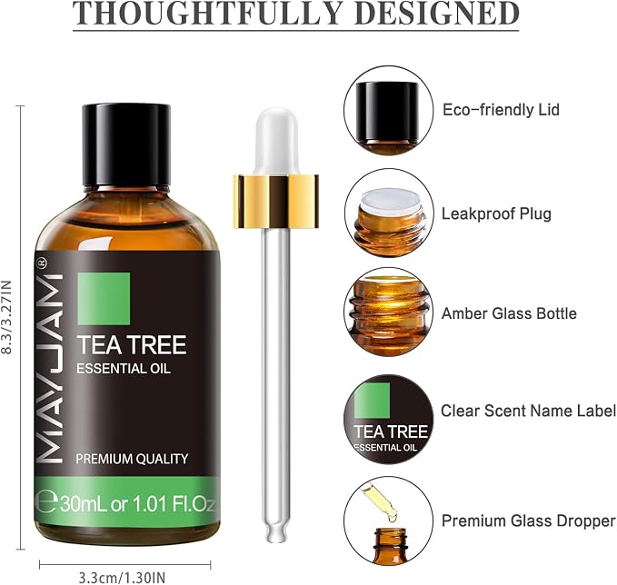Tea Tree Essential Oil, MAYJAM Pure Essential Oils for Diffusers for Home and Office, 1.01FL.OZ Tea Tree Oil for Candle Making, DIY Soap, 30ML/Bottle