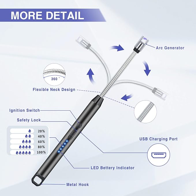 2 PCS Candle Lighter, Electric Lighter Arc Windproof Flameless with 360° Flexible Neck & LED Power Display, Lighters for Candle for BBQ, Grill, Camping, Fireplace, Stove