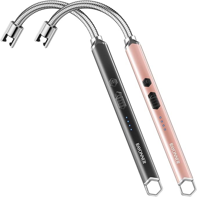 RAYONNER USB Rechargeable Electric Candle Lighter Windproof Plasma Arc Lighter with Flexible Neck for Deep Jars, BBQ, Camping Flameless Fire Starter Christmas Stocking Stuffers Gift (Black&Rose Gold)