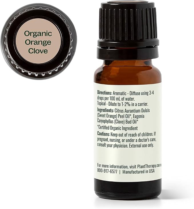 Plant Therapy Organic Orange Clove Essential Oil Blend for Diffuser 10 mL (1/3 oz) Naturally Energizing, Naturally Freshens the Air with Citrus & Spice Great Addition to DIY Household Cleaners