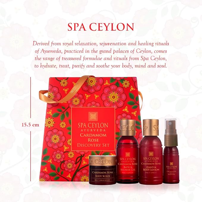 Spa Ceylon Ayurveda Cardamom Rose Discovery Set – 4-Piece Natural Uplifting Spa Gift Set with Himalayan Rose & Organic Ceylon Cardamom - Bath Gel, Body Lotion, Pillow Mist & Scrub