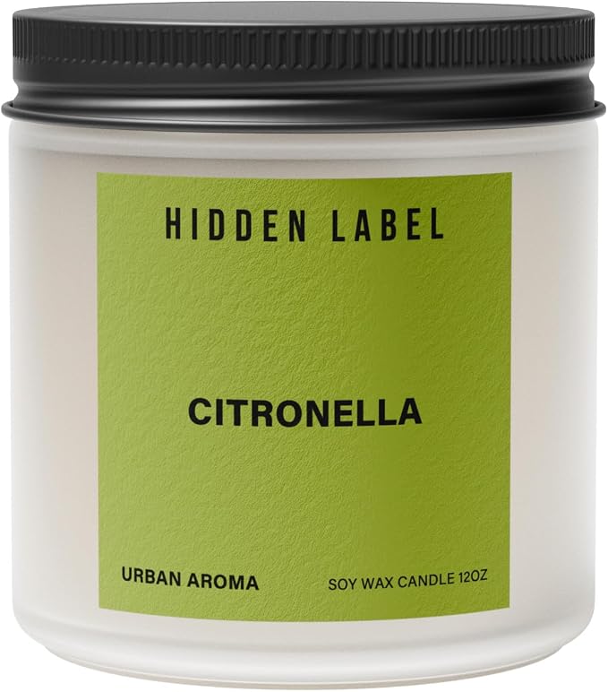 Hidden Label Citronella Candles Outdoor, 12oz 2-Wick, 50H Citrus Fresh | Non-Toxic Vegan Soy Wax | Citrus & Citronella Fresh Outdoor Scent | Even Melt No Tunneling | Patio Deck BBQ Indoor