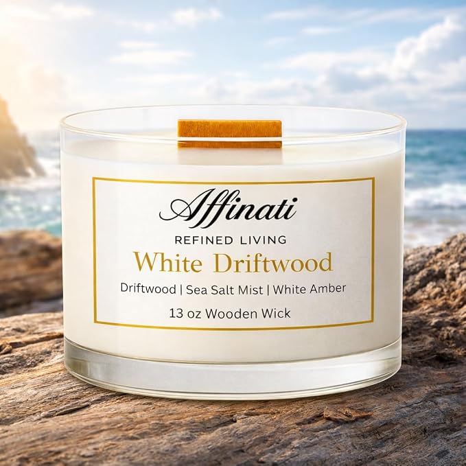 Affinati White Driftwood Wooden Wick Candle – Luxury Wooden Bowl, 13 oz