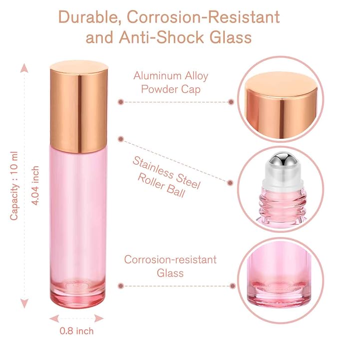 PrettyCare 24 Pack, 10 ml Essential Oil Roller Bottles with Stainless Steel Roller Ball - Refillable Leak-proof Empty Thick Pink Glass Roll on Bottles with Metal Caps for Travel, Perfume