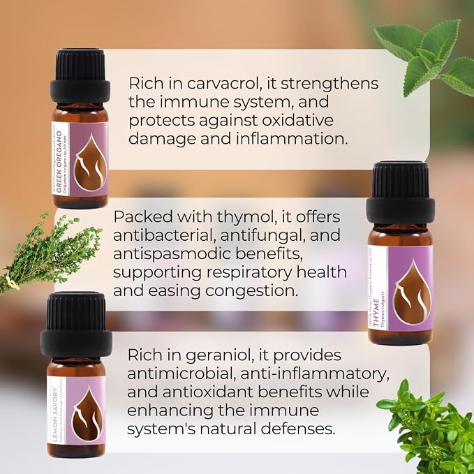 Set Vitality Essences Bulgaria Organic Essential Oils | Thyme (10ml) + Greek Oregano (10ml) + Lemon Savory (5ml) | 100% Pure and Natural | Undiluted | Therapeutic Grade | Non-GMO | 3pcs