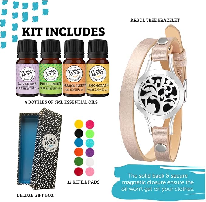 Wild Essentials Arbol Tree Essential Oil Leather Wrap Bracelet Diffuser Kit, Gift Set, Lavender, Lemongrass, Peppermint, Orange Oils, 12 Pads, Customizable Color Changing Perfume Jewelry, Aromatherapy